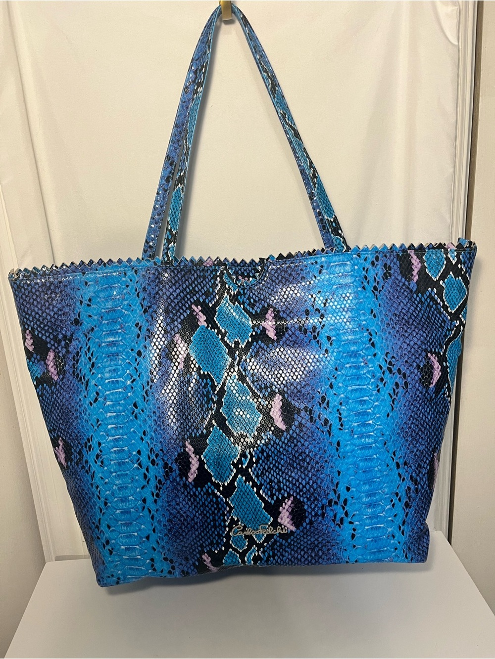 Carlos Falchi Blue Snake-Print Tote with Pink Accents